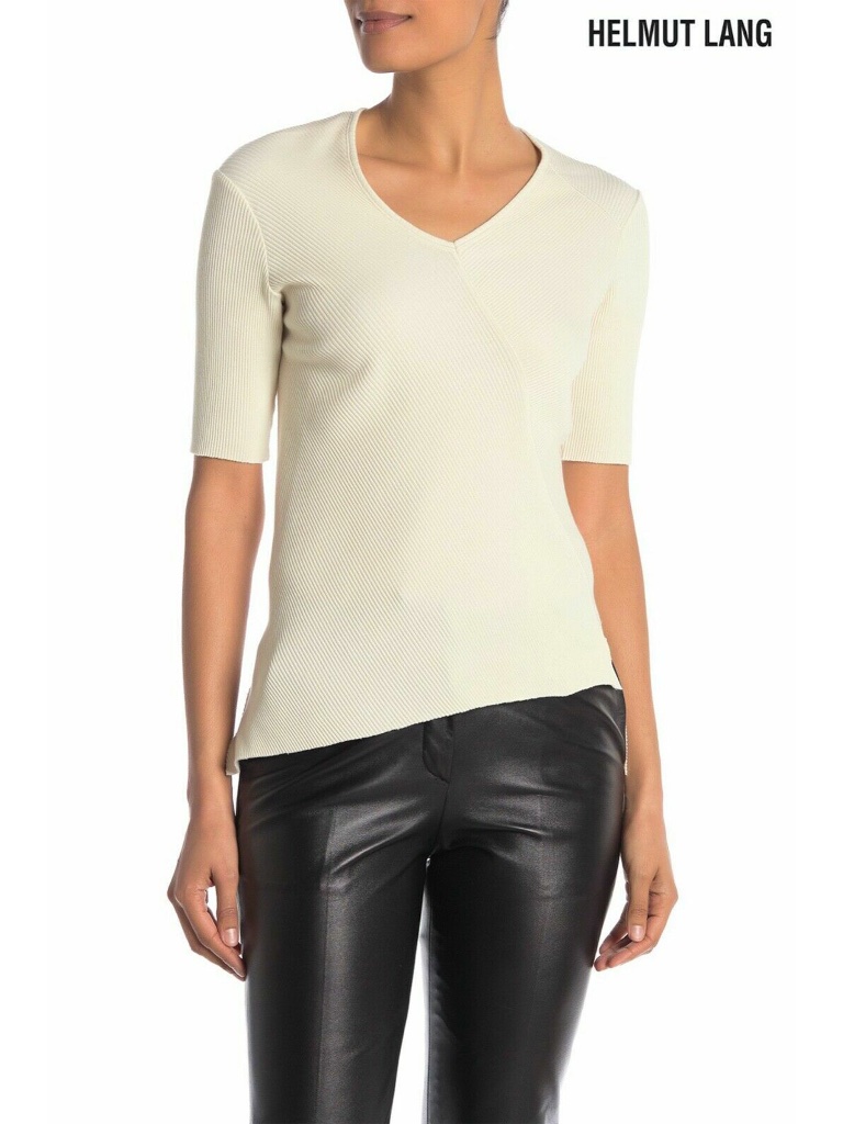 Helmut Lang Nwt Ribbed V-Neck Half Sleeves Cotton Canvas Top. Size L